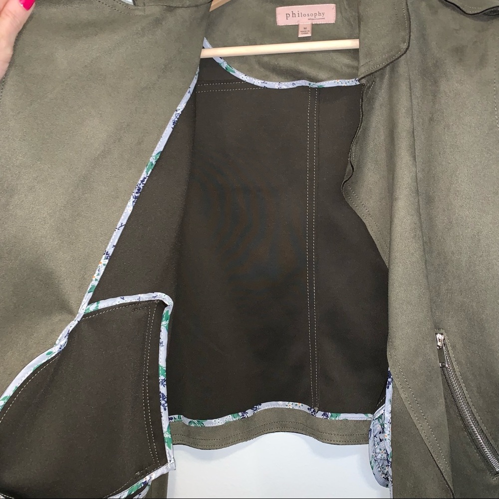 Philosophy | Olive Green Suede Open Drape Moto Jacket - Picture 4 of 5